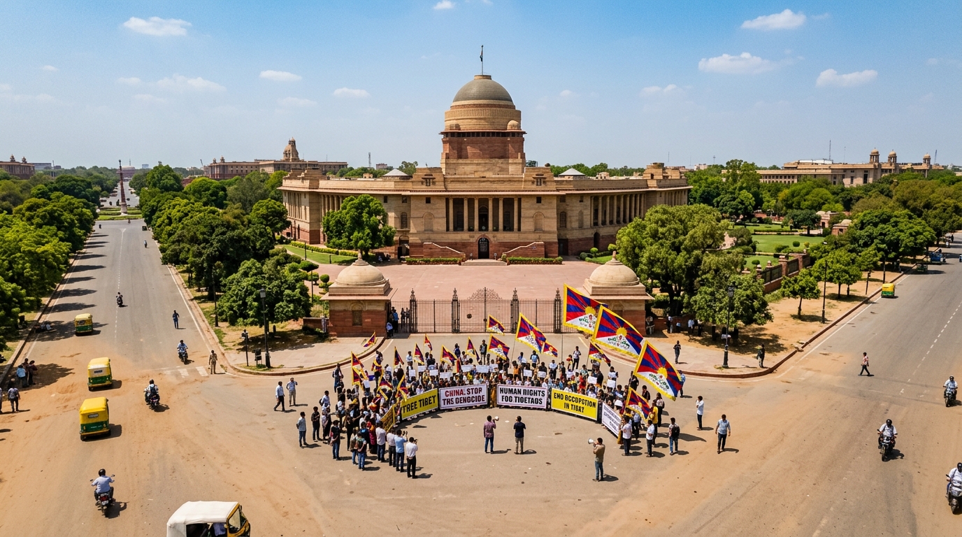 Manifestants tibétains à New Delhi tenant des drapeaux et des pancartes