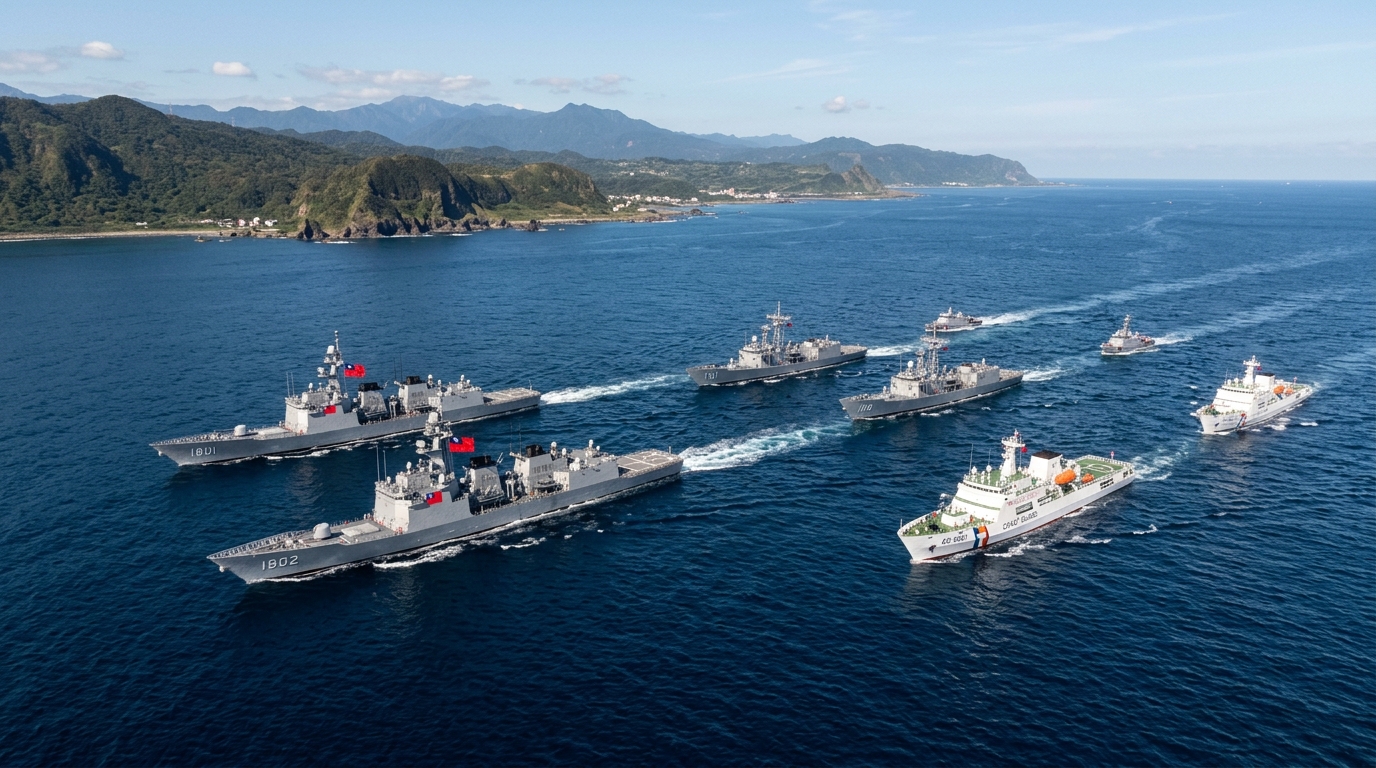 Navires de la marine taïwanaise en formation lors d'un exercice de simulation de blocus