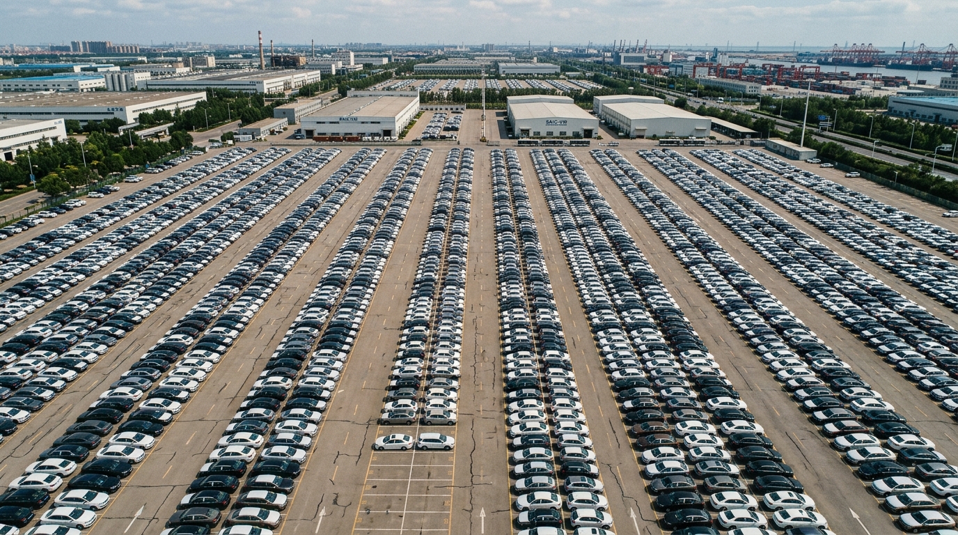 Parking de stockage rempli de voitures Volkswagen neuves vues du ciel