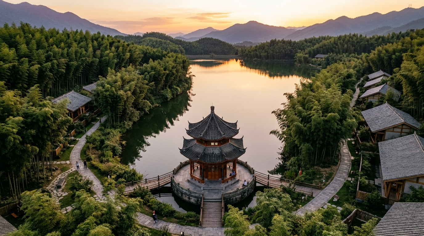 Pavillon traditionnel chinois au milieu d'un lac entouré de bambous au Sichuan