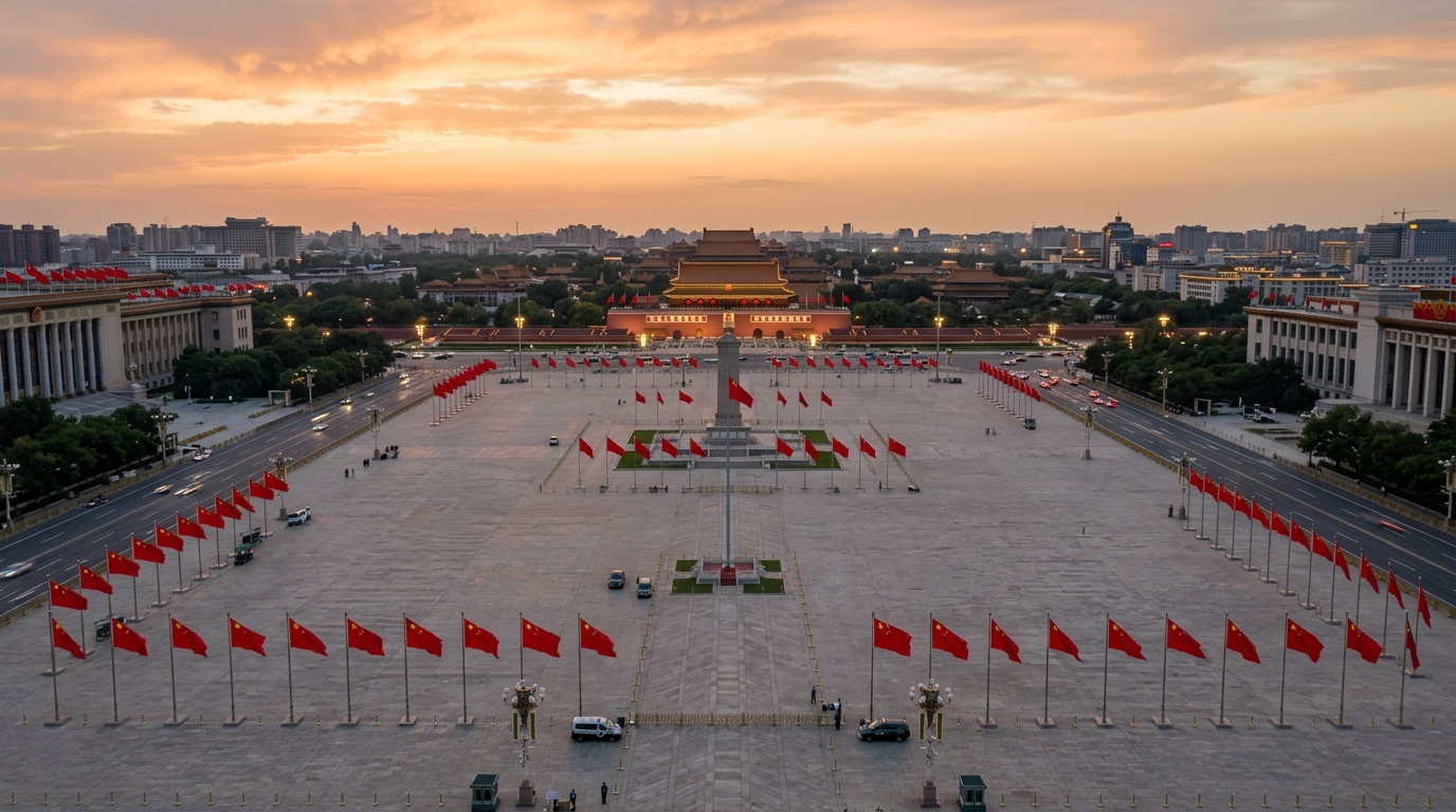 Place Tiananmen à Pékin au crépuscule avec drapeaux rouges