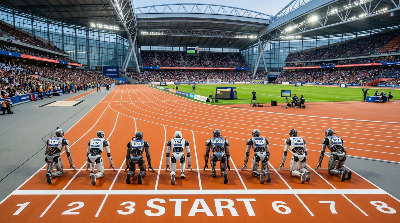 Plusieurs robots humanoïdes alignés sur la ligne de départ d'une piste d'athlétisme
