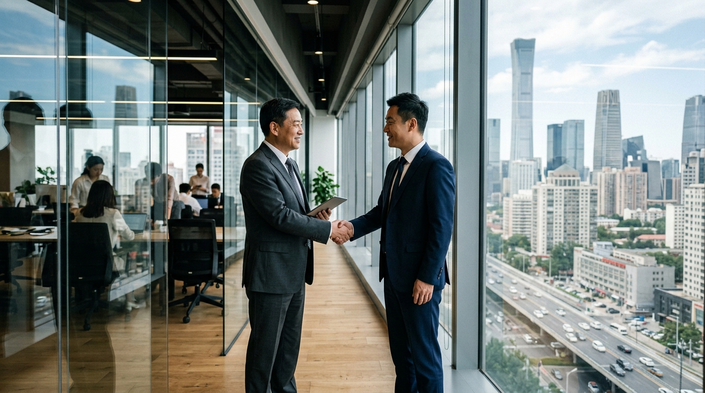 Poignée de main entre deux dirigeants dans un bureau moderne en Chine