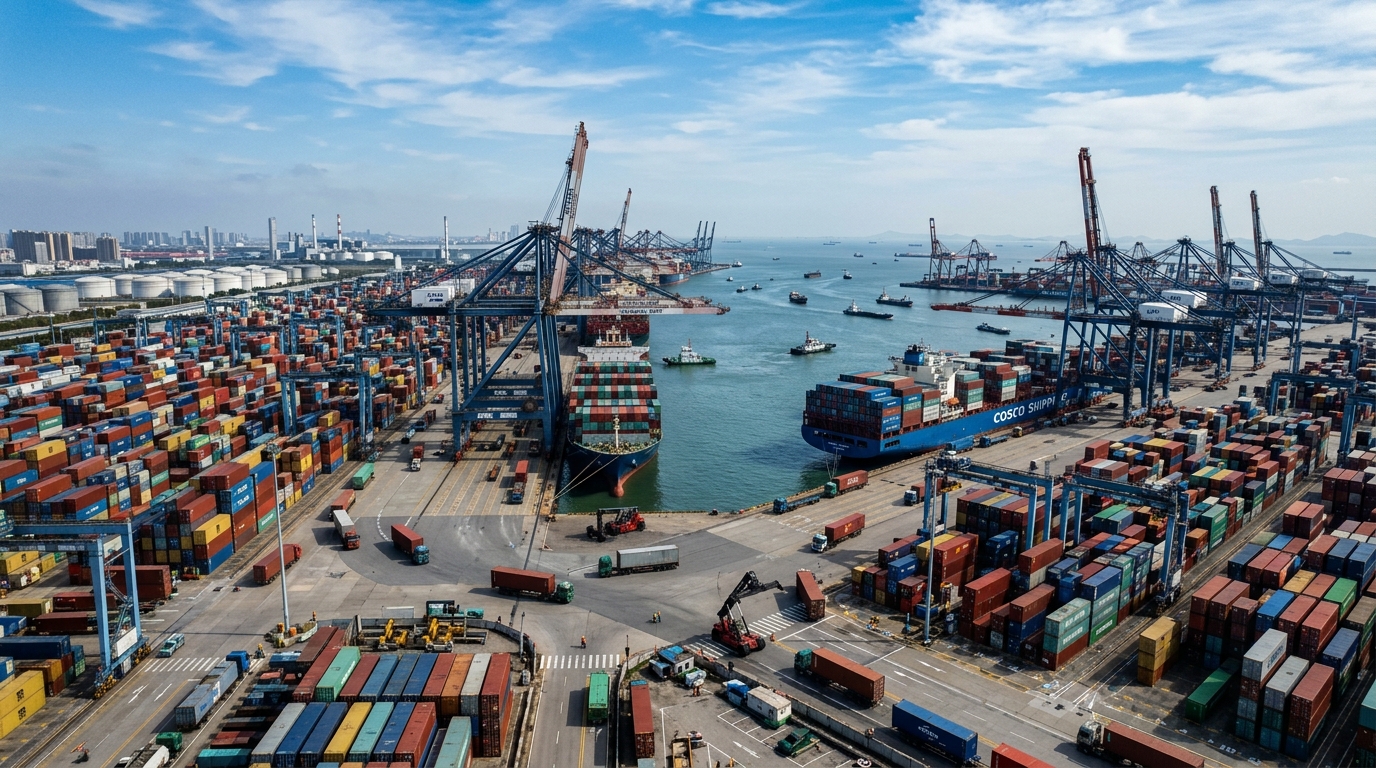 Port commercial au Moyen-Orient avec conteneurs et grues