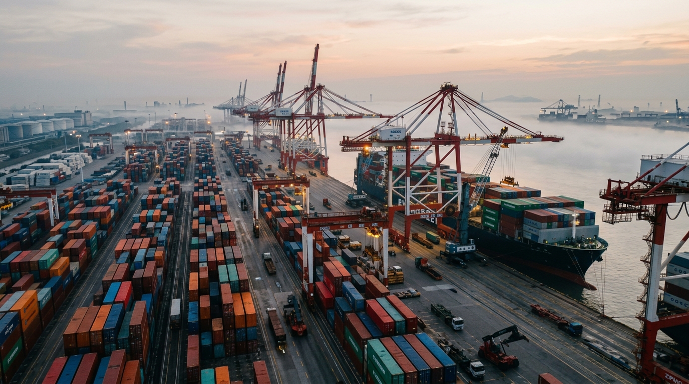 Port commercial chinois avec conteneurs et grues au lever du jour