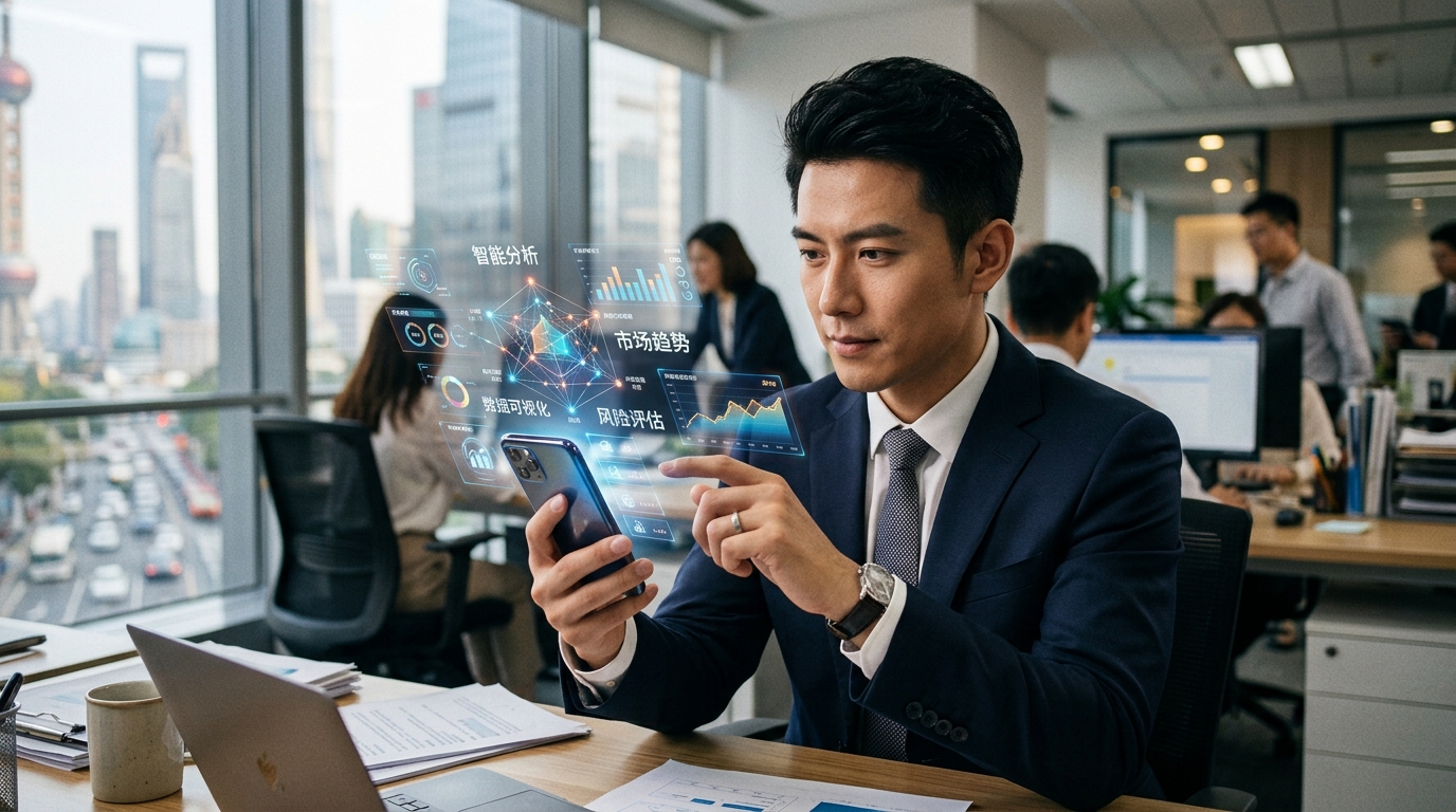 Professionnel chinois utilisant une application IA sur smartphone