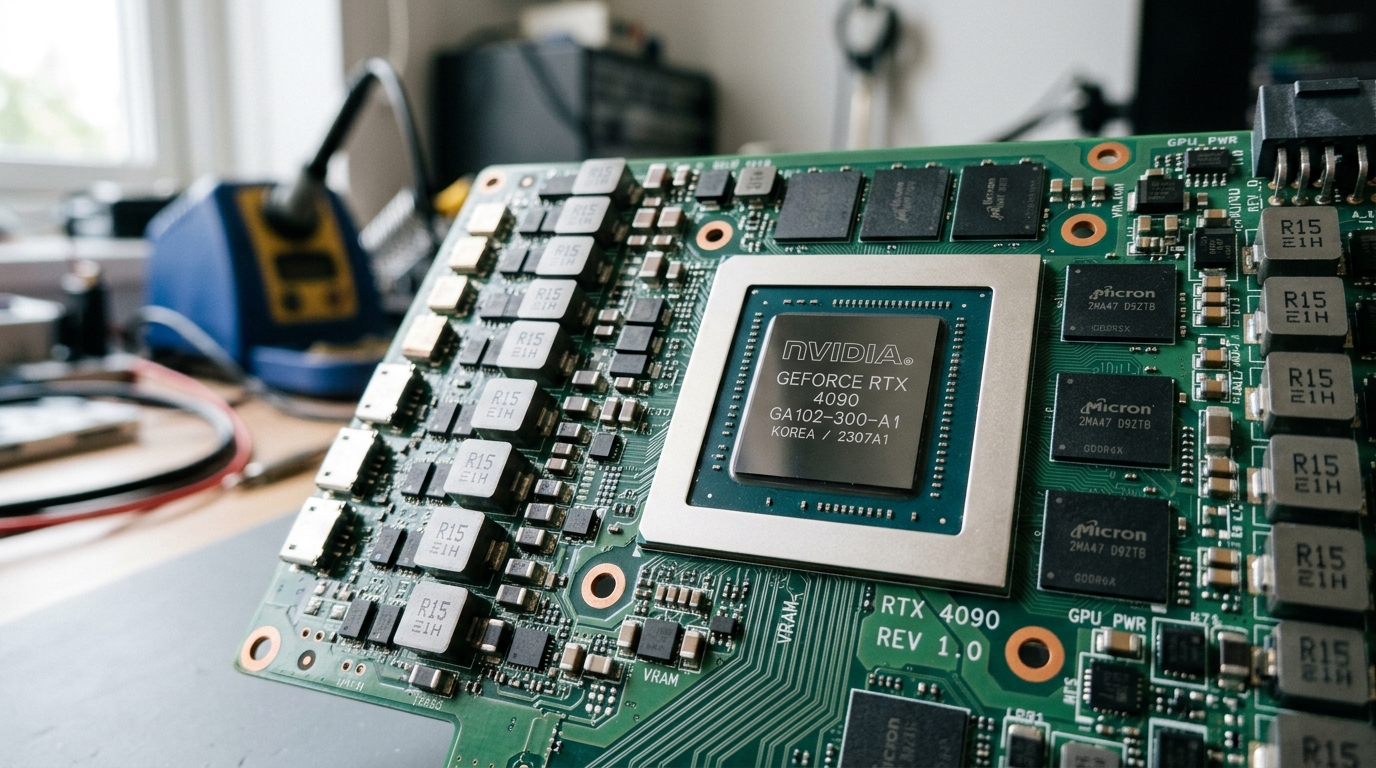 Puce GPU sur un circuit imprimé en gros plan