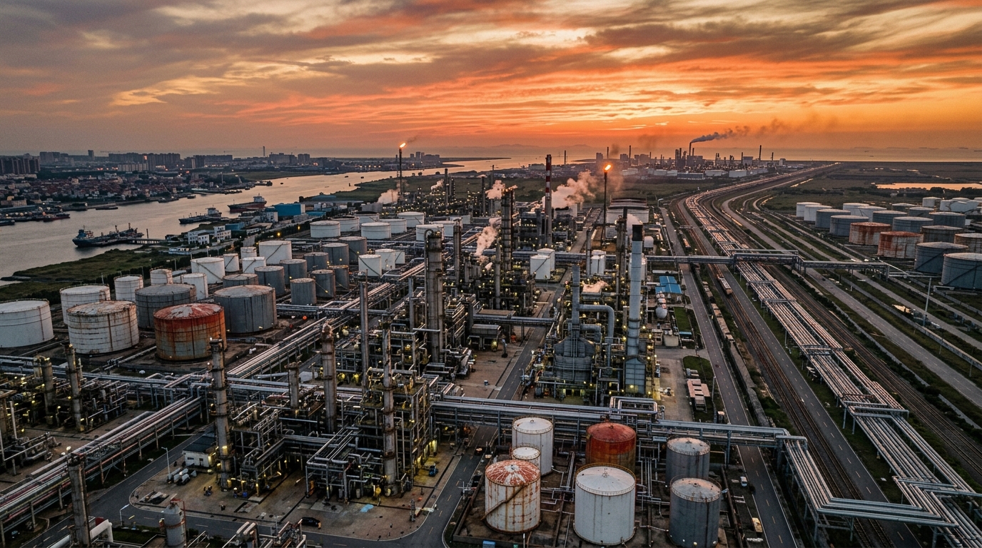 Raffinerie de pétrole vue du ciel au coucher de soleil
