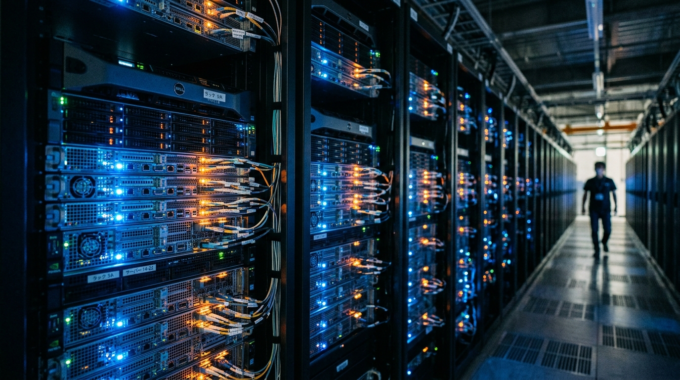 Rangées de serveurs IA dans un data center moderne