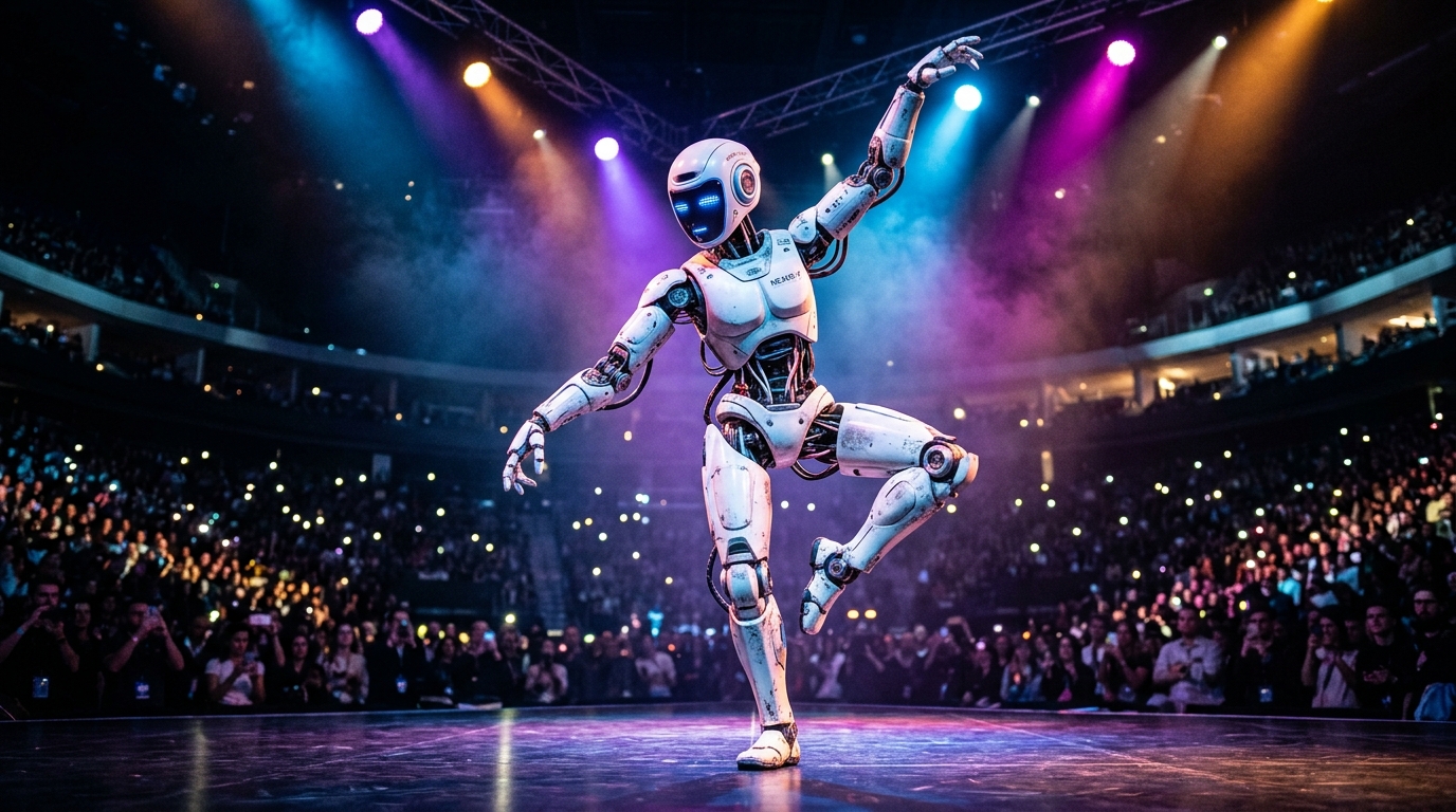 Robot humanoïde dansant sur scène lors d'une épreuve artistique de la compétition robotique en Chine