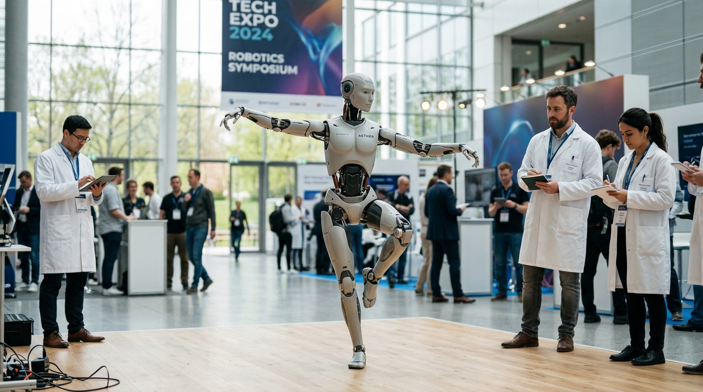 Robot humanoïde pratiquant le tai-chi sous la surveillance d'ingénieurs
