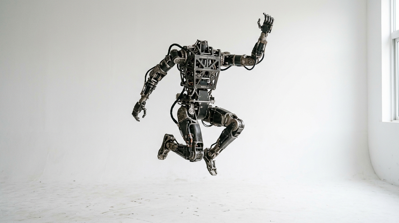Robot humanoïde sans tête réalisant un saut en hauteur