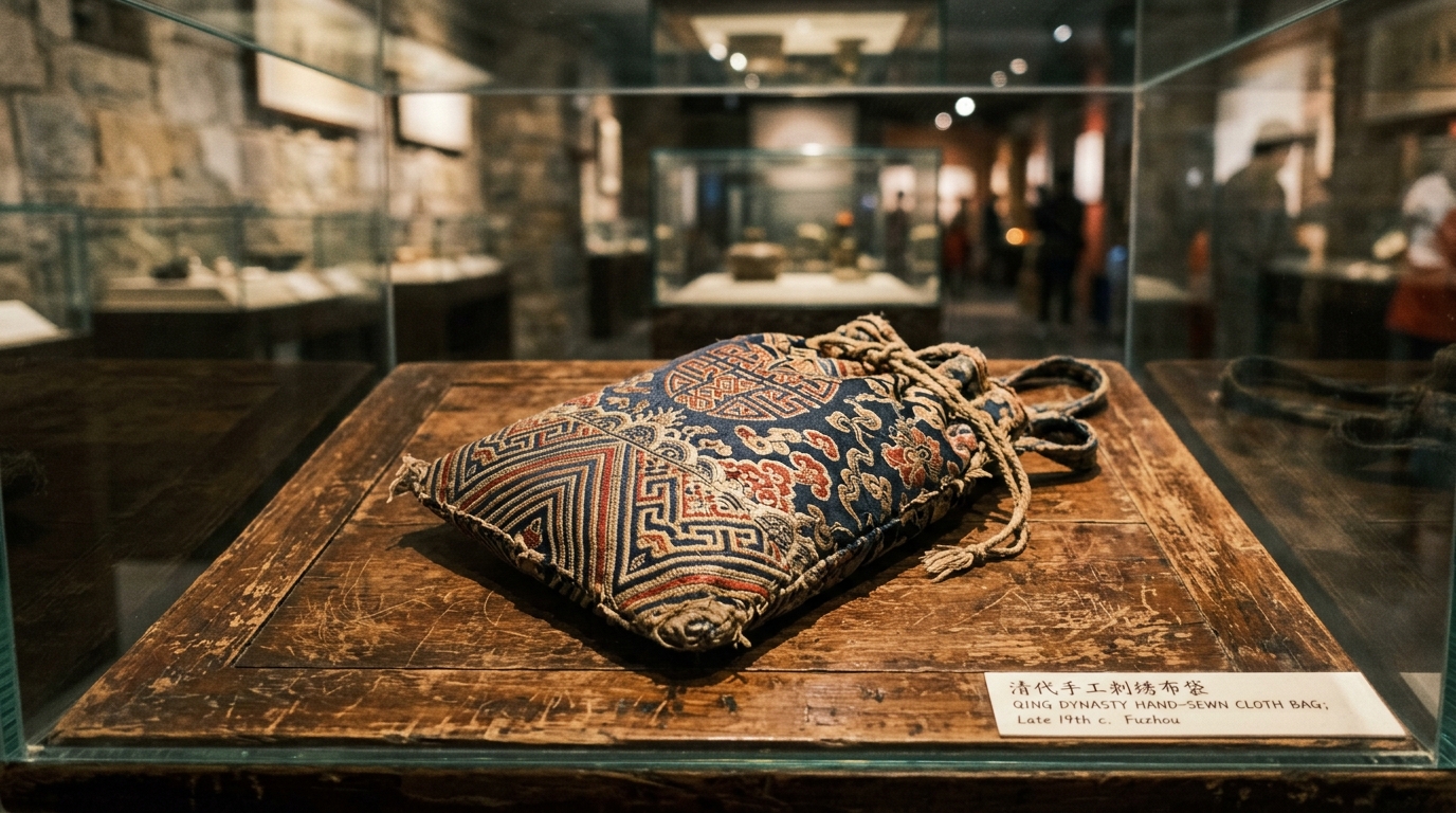 Sac en tissu brodé à la main exposé dans un musée chinois