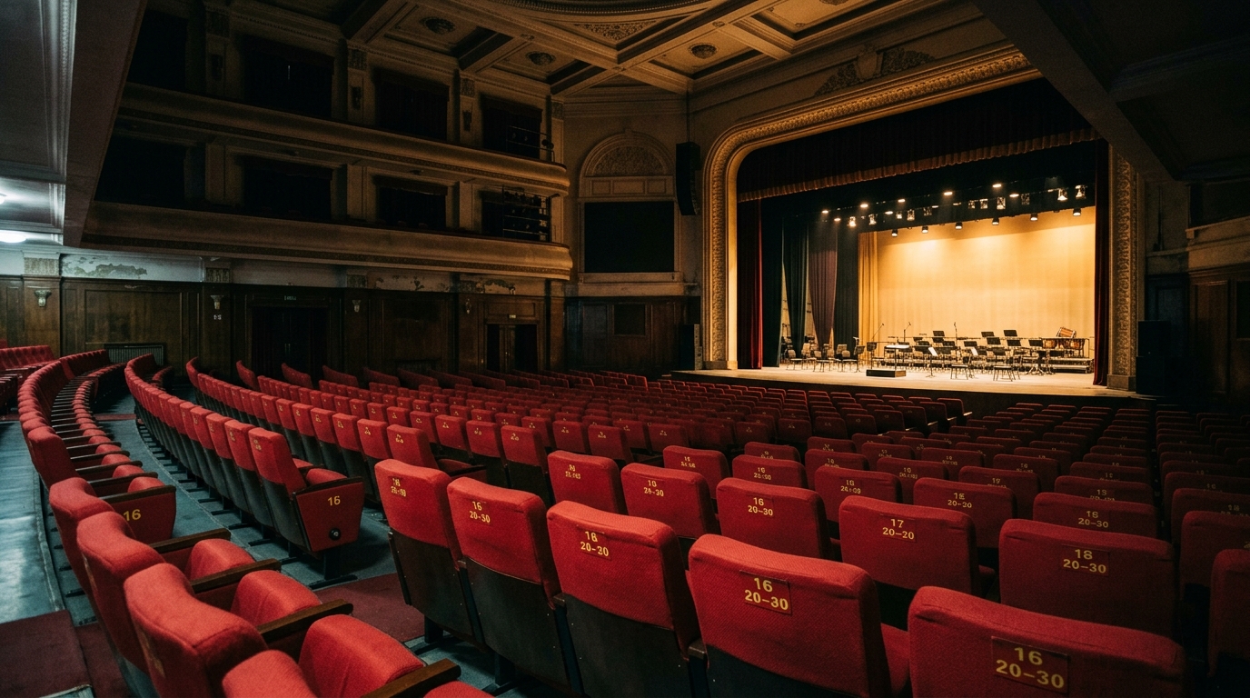 Salle de spectacle vide avec rangées de sièges rouges en Chine