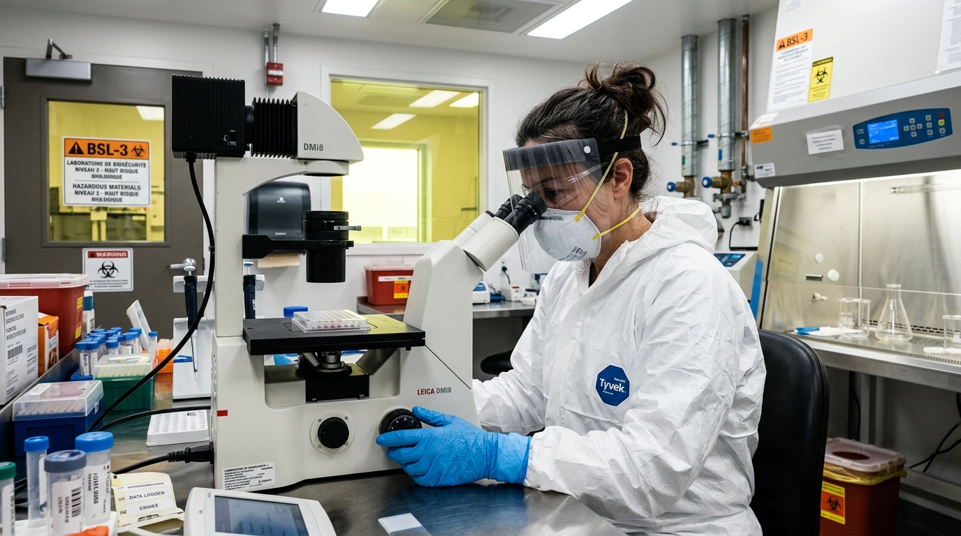 Scientifique analysant des échantillons de grippe aviaire en laboratoire