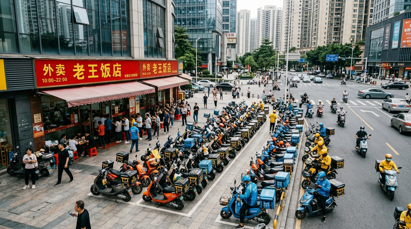 Scooters électriques de livreurs devant un restaurant chinois