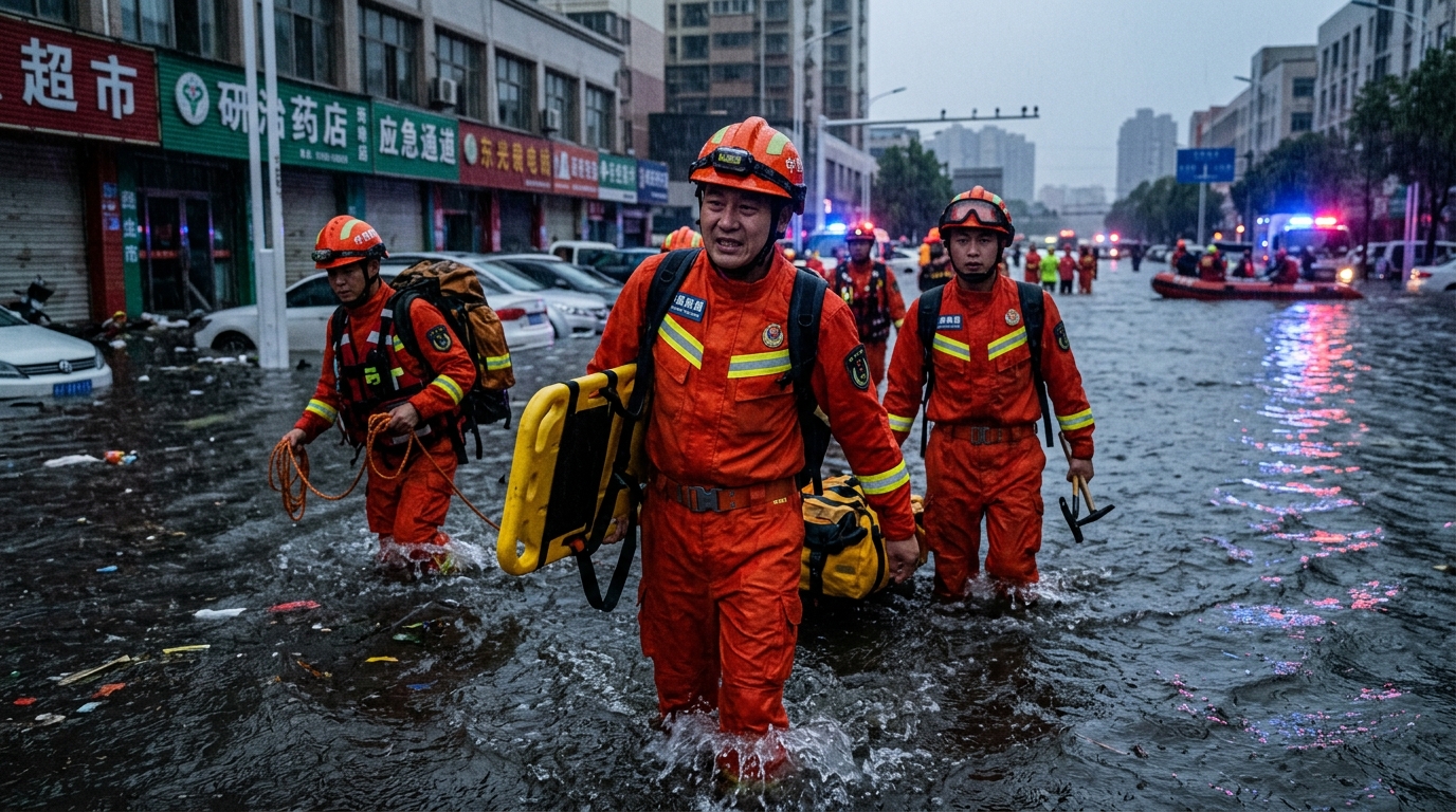 Secouristes dans les inondations causées par le typhon en Chine