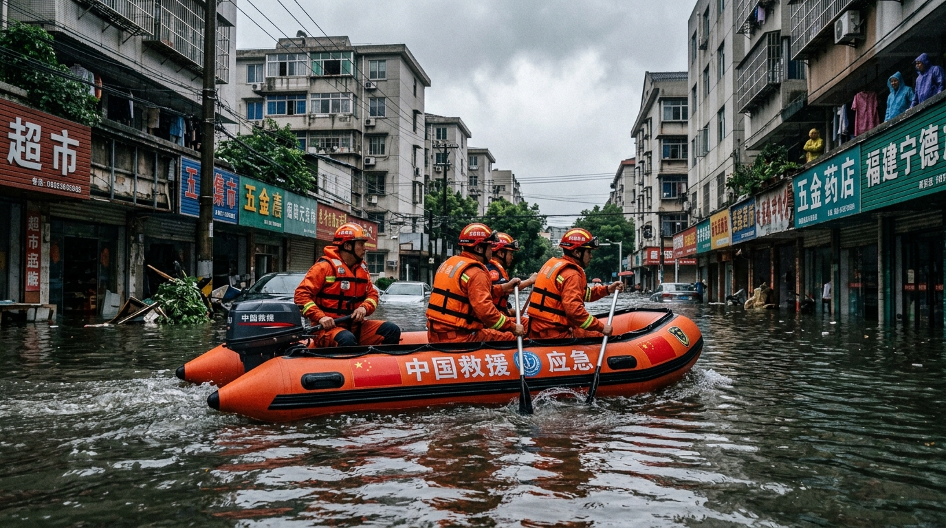 Secouristes en bateau dans une rue inondée d'une ville côtière chinoise