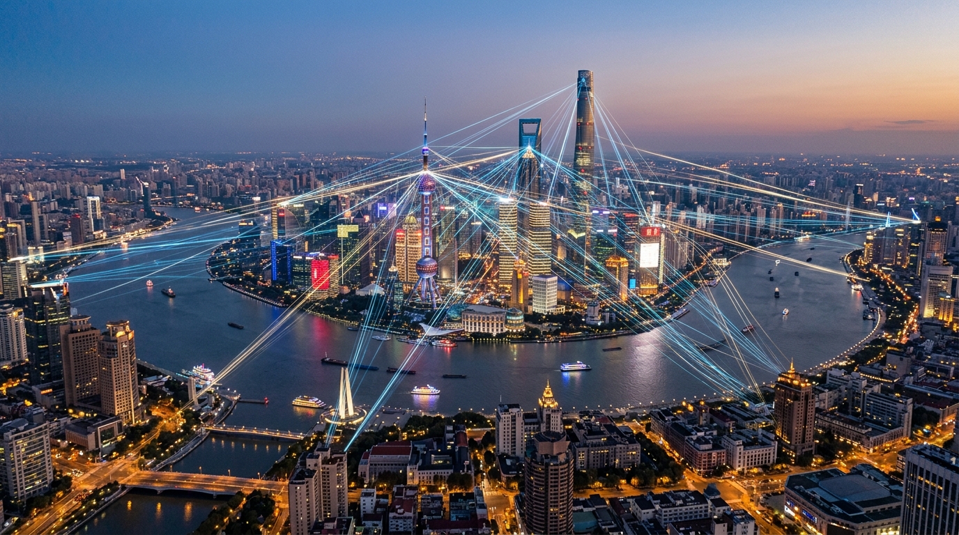Skyline de Shanghai au crépuscule avec flux de données numériques
