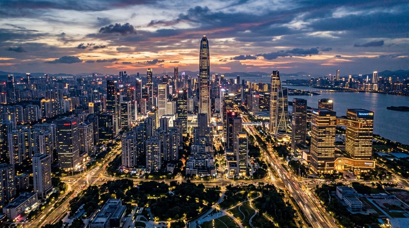 Skyline de Shenzhen au crépuscule avec gratte-ciels illuminés