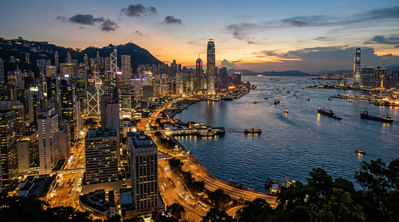 Skyline du quartier financier de Hong Kong au crépuscule