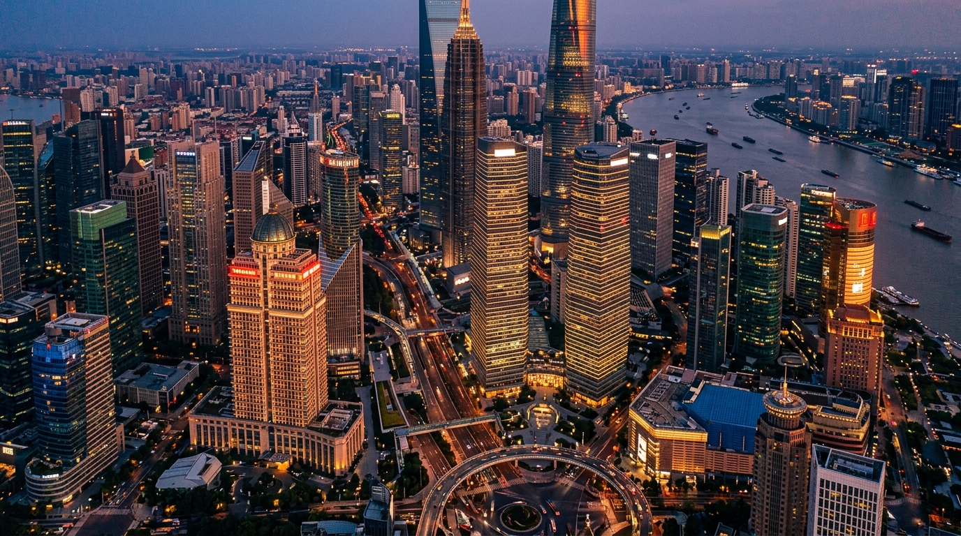 Skyline du quartier financier de Shanghai au crépuscule