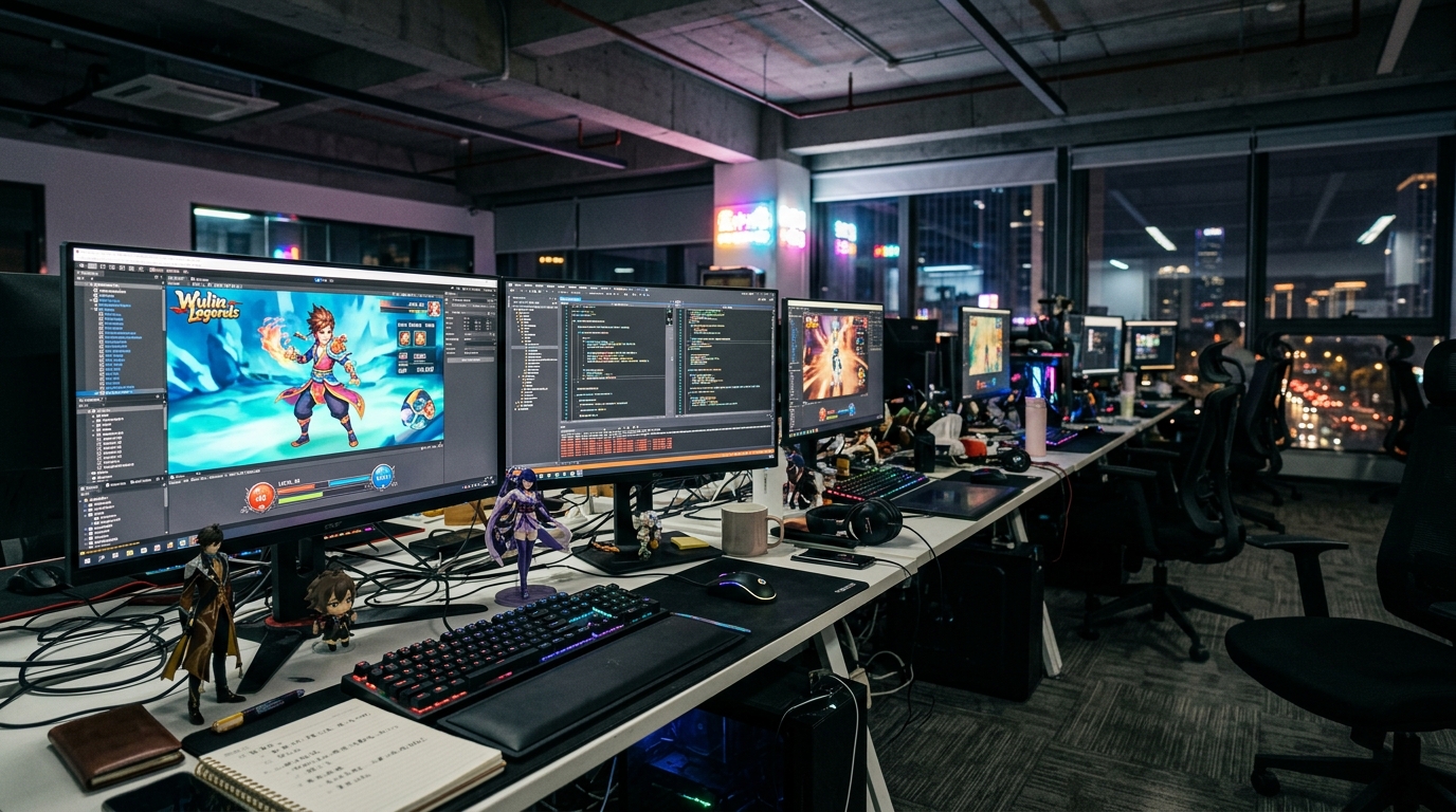 Studio de jeux vidéo chinois avec écrans affichant des personnages animés et du code