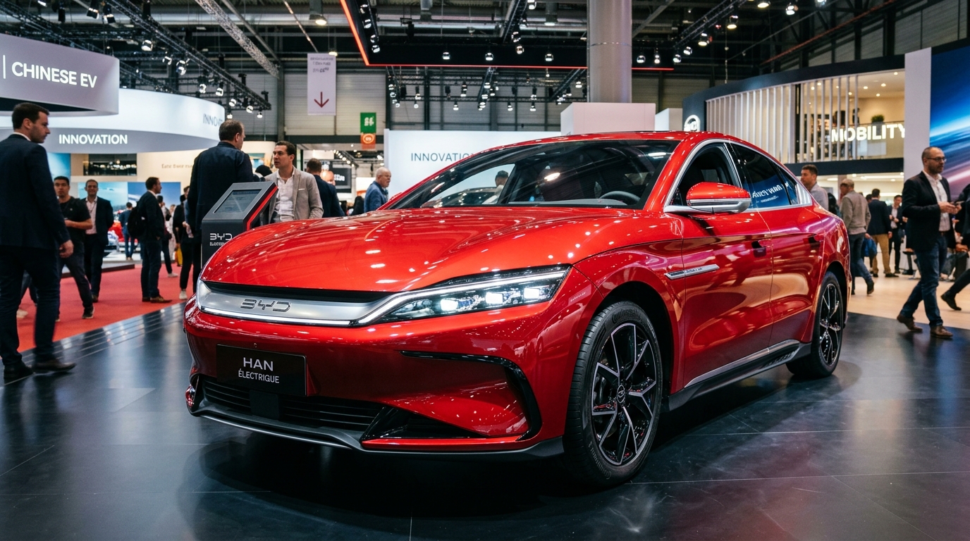 Véhicule électrique chinois exposé dans un salon automobile