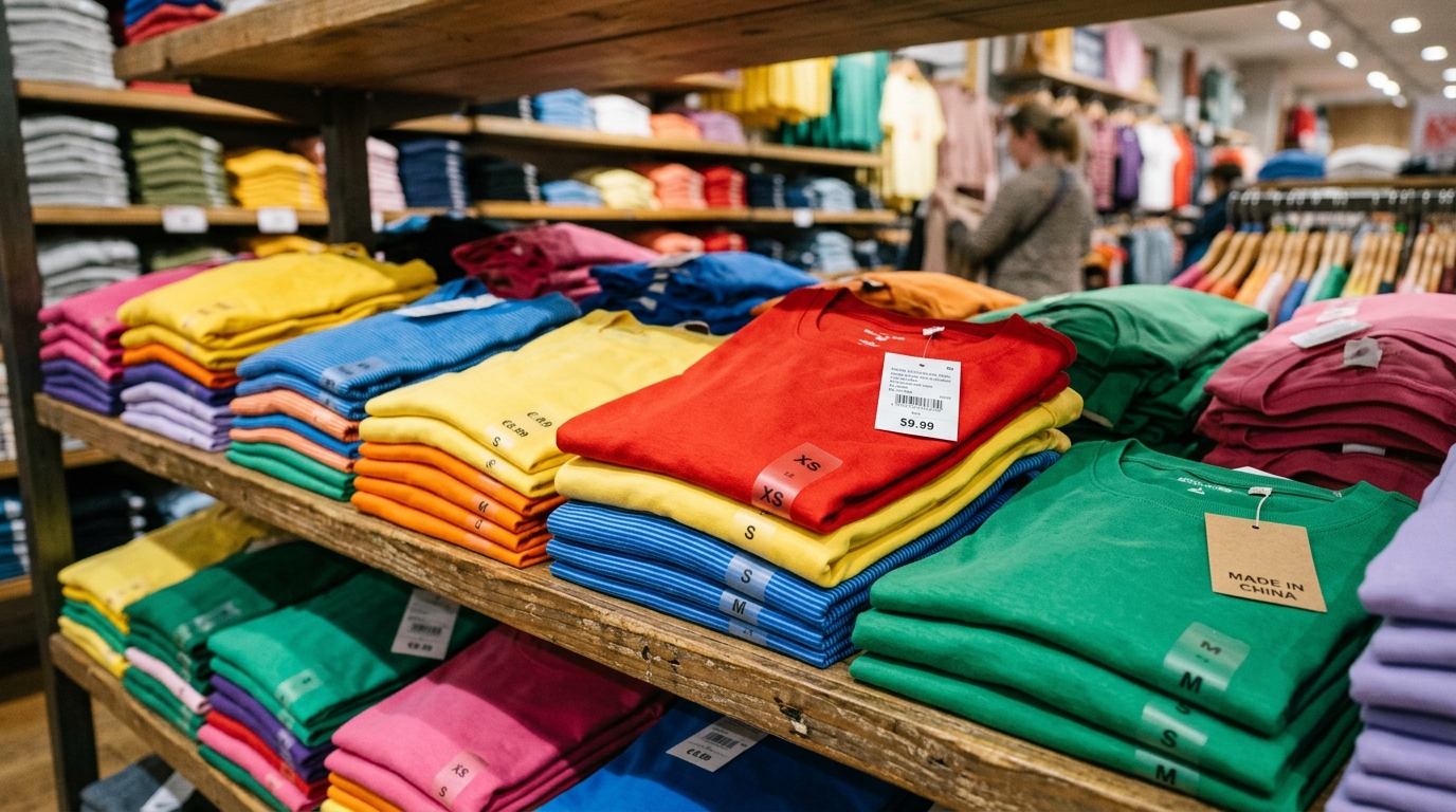 Vêtements bon marché de fast-fashion empilés sur une étagère