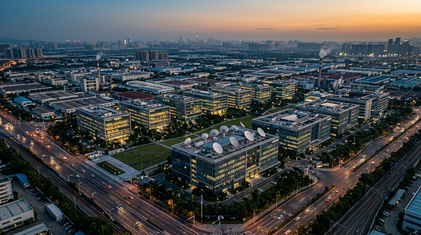 Vue aérienne d'un campus technologique chinois au crépuscule