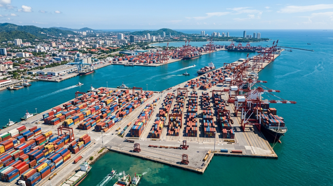 Vue aérienne d'un port moderne dans un pays en développement