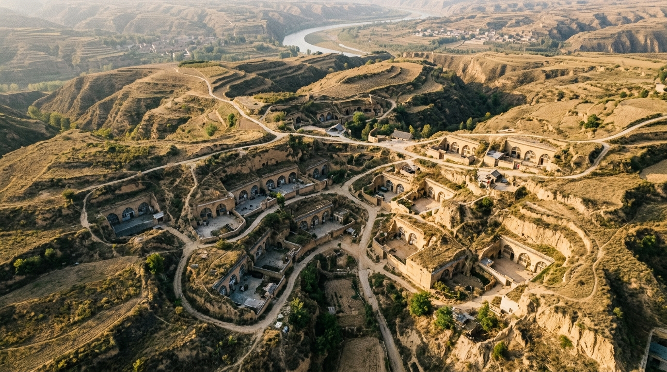Vue aérienne d'un village reculé sur le plateau de lœss en Chine