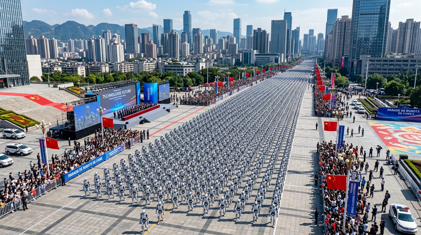 Vue aérienne de plus de 2000 robots humanoïdes défilant lors de la cérémonie d'ouverture en Chine