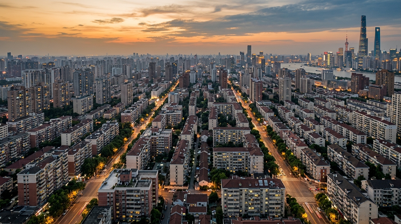 Vue aérienne des immeubles résidentiels denses de Shanghai au crépuscule