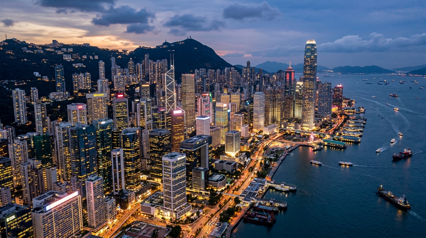 Vue aérienne du quartier financier de Hong Kong au crépuscule