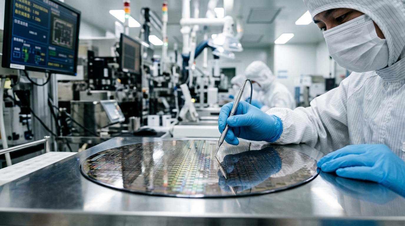 Wafer de puces semi-conducteurs dans une salle blanche