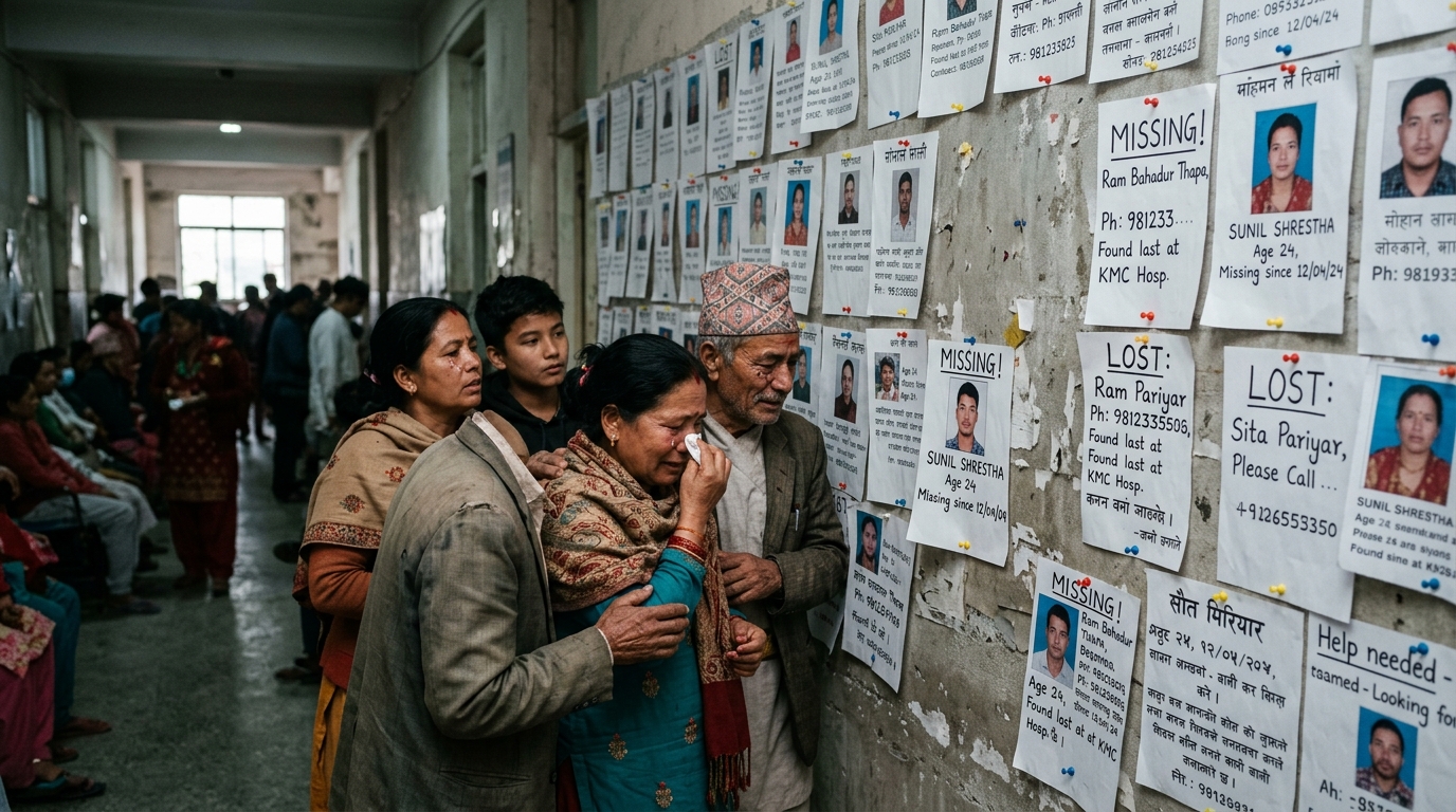Affiches de personnes disparues sur un mur d'hôpital à Katmandou
