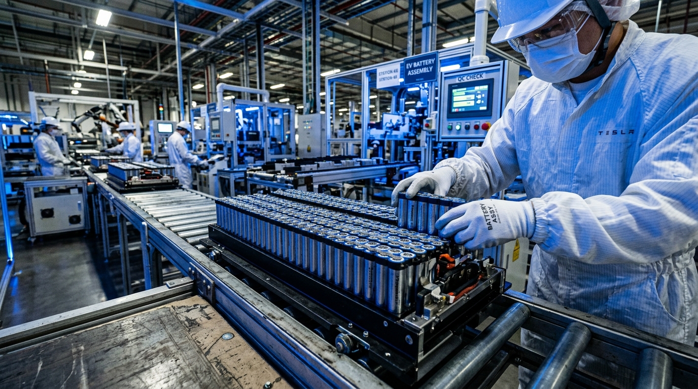 Assemblage de cellules de batteries pour véhicules électriques sur une chaîne de production