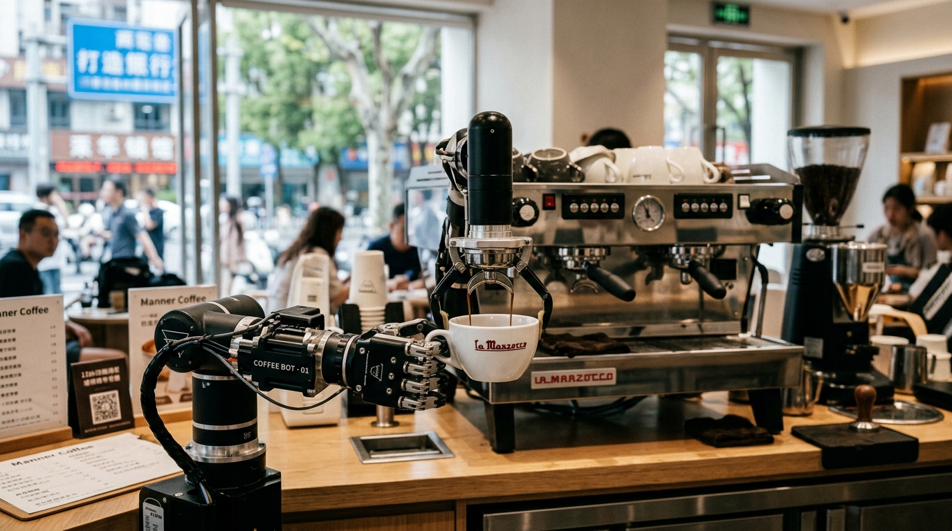 Bras robotique avec main dextère préparant un café dans un environnement de service