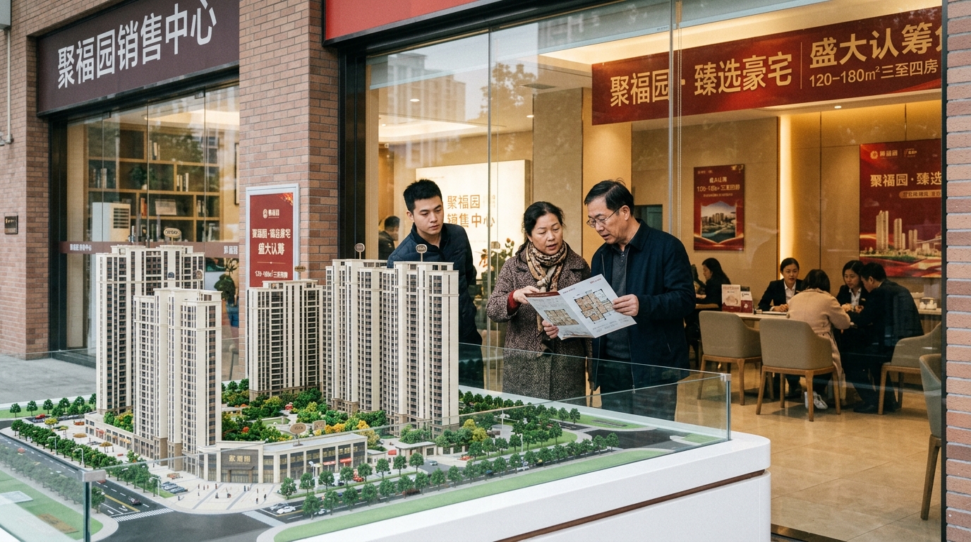 Bureau de vente immobilière en Chine avec maquette d'immeuble résidentiel