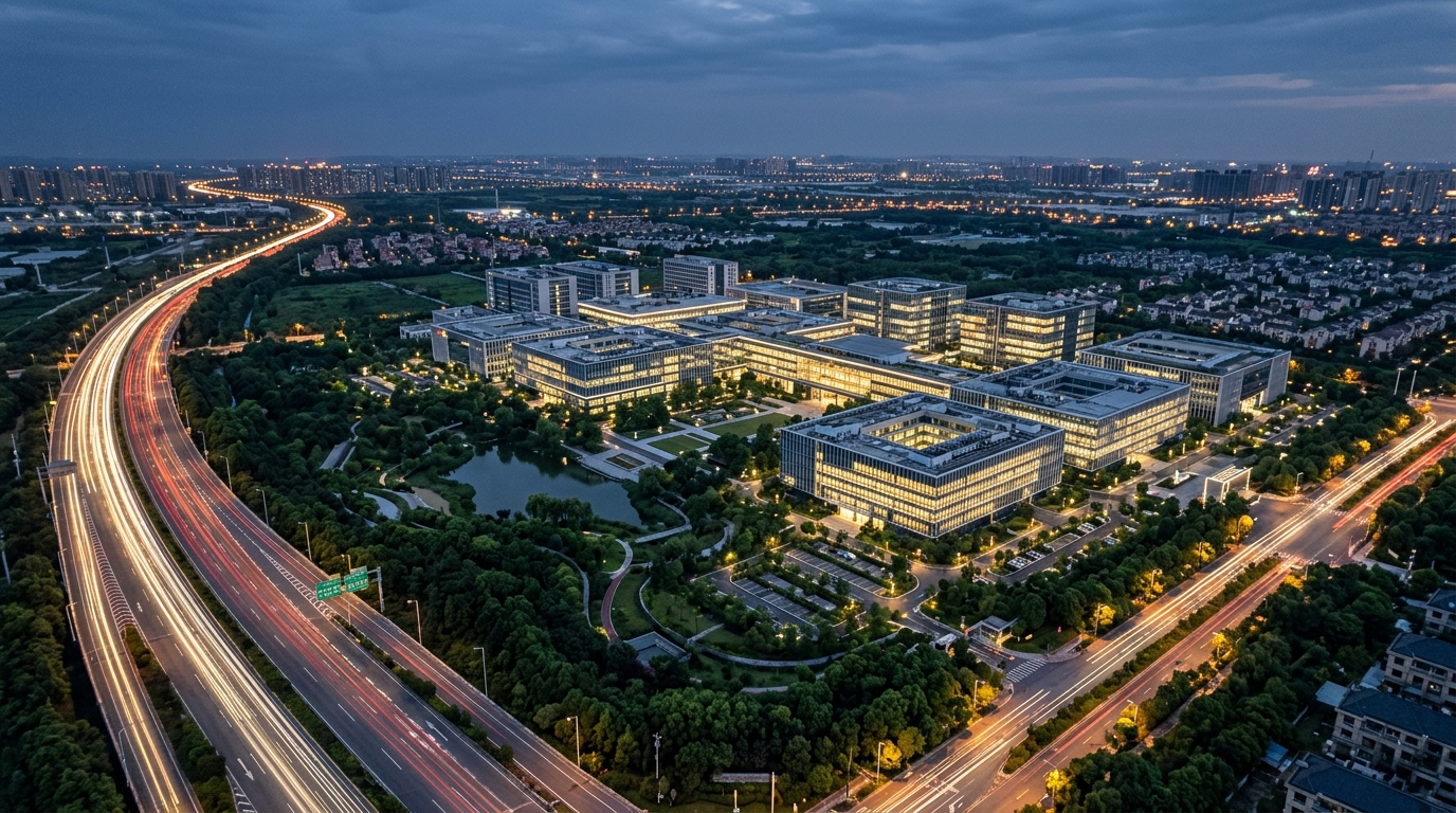 Campus de recherche en semiconducteurs en Chine au crépuscule