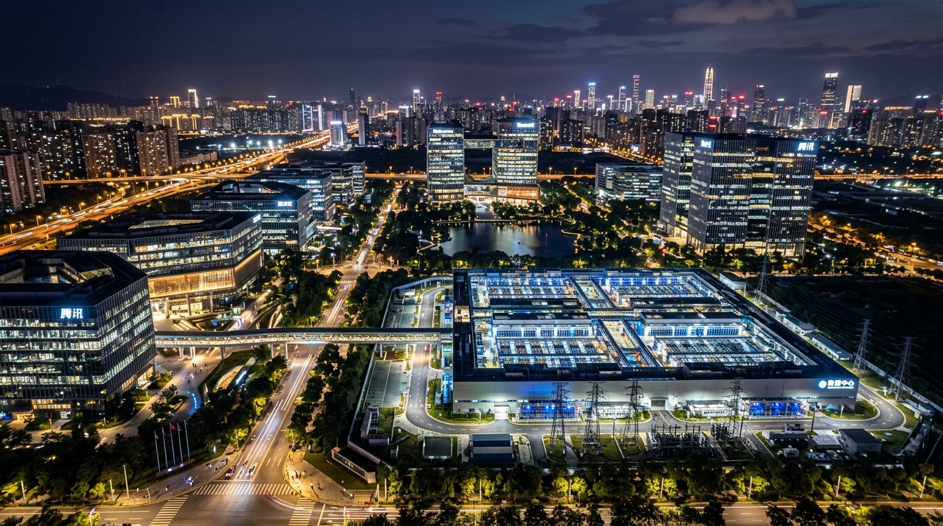 Campus technologique chinois de nuit symbolisant la course à l'IA