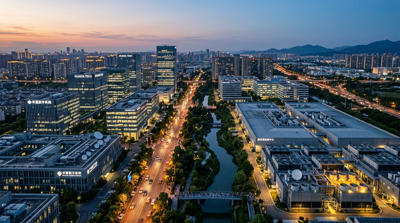 Campus technologique chinois de nuit vue aérienne