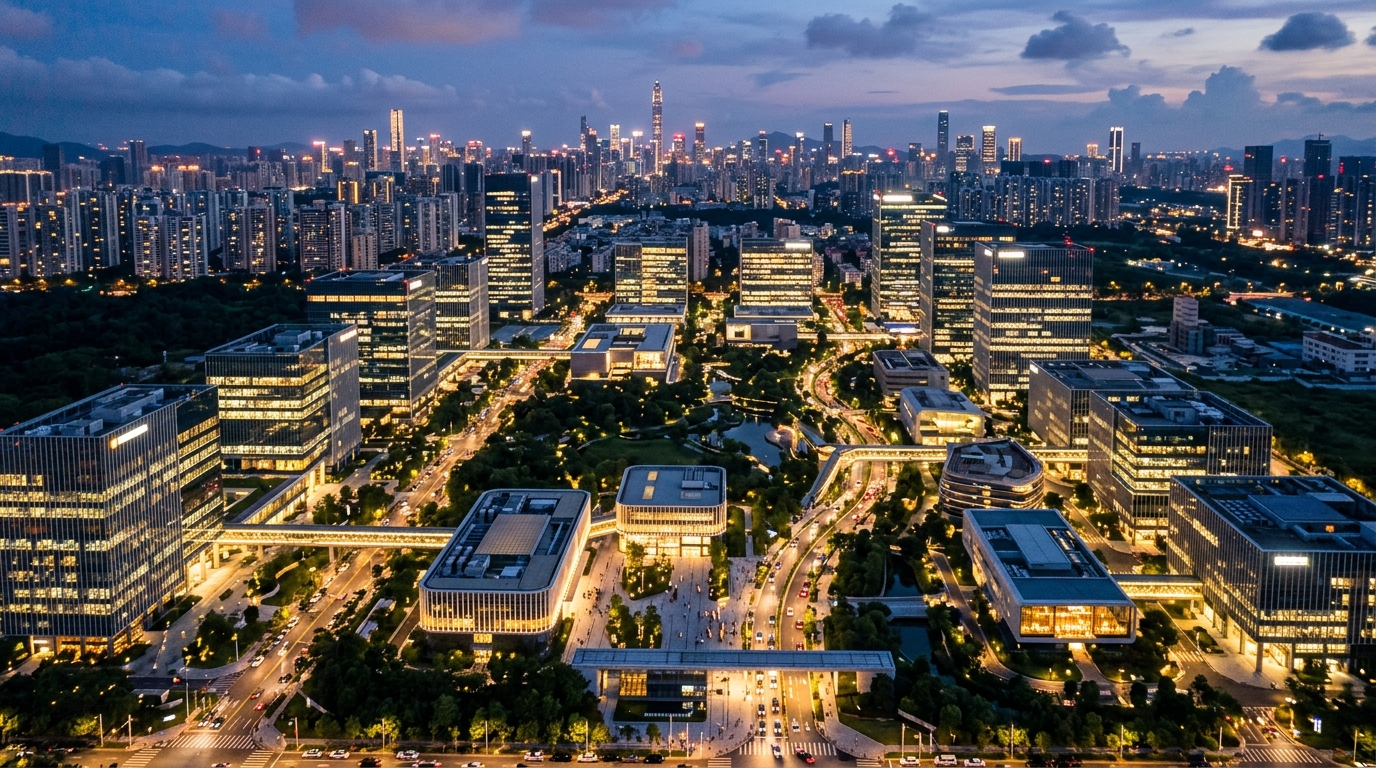 Campus technologique chinois moderne vu du ciel au crépuscule