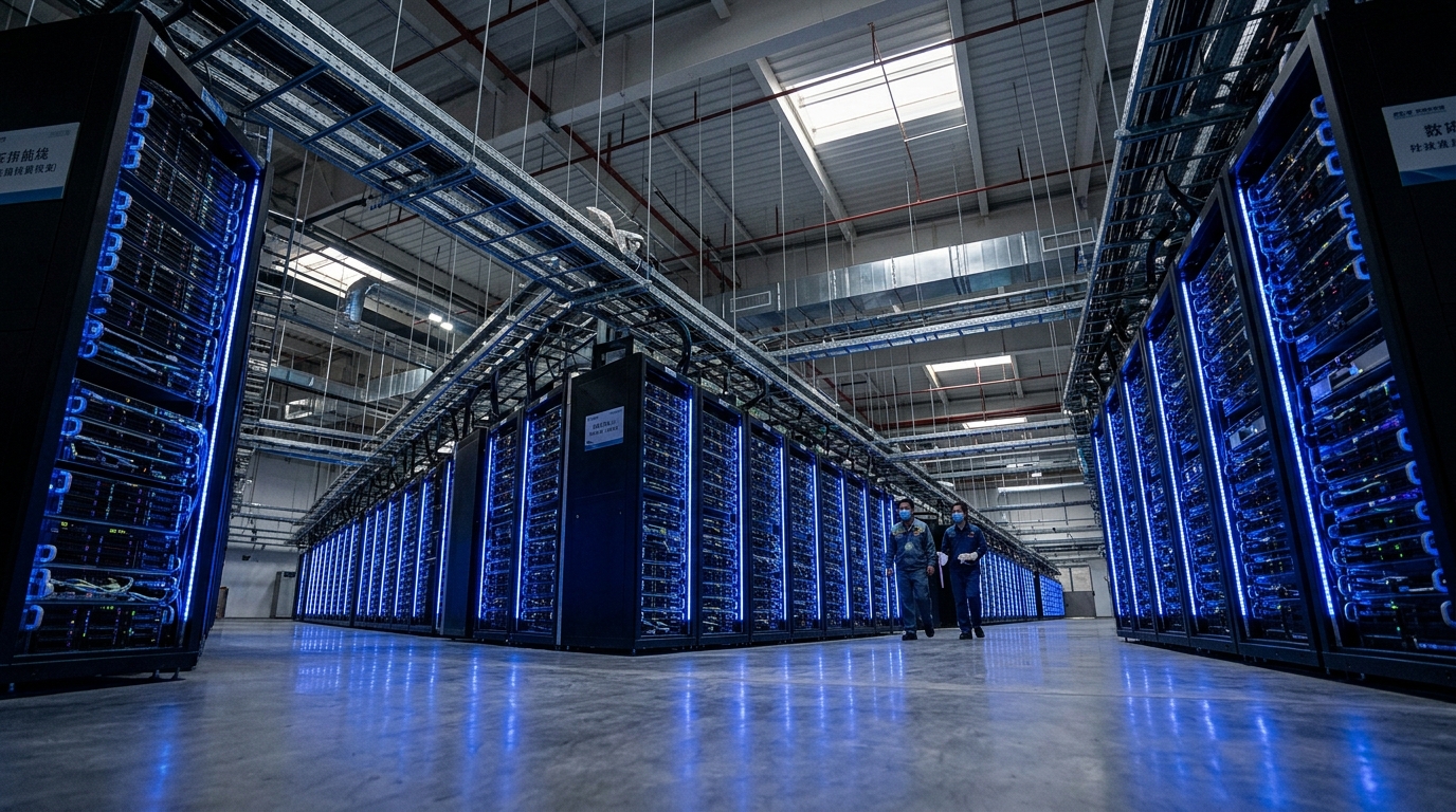 Centre de données chinois avec rangées de serveurs éclairés en bleu