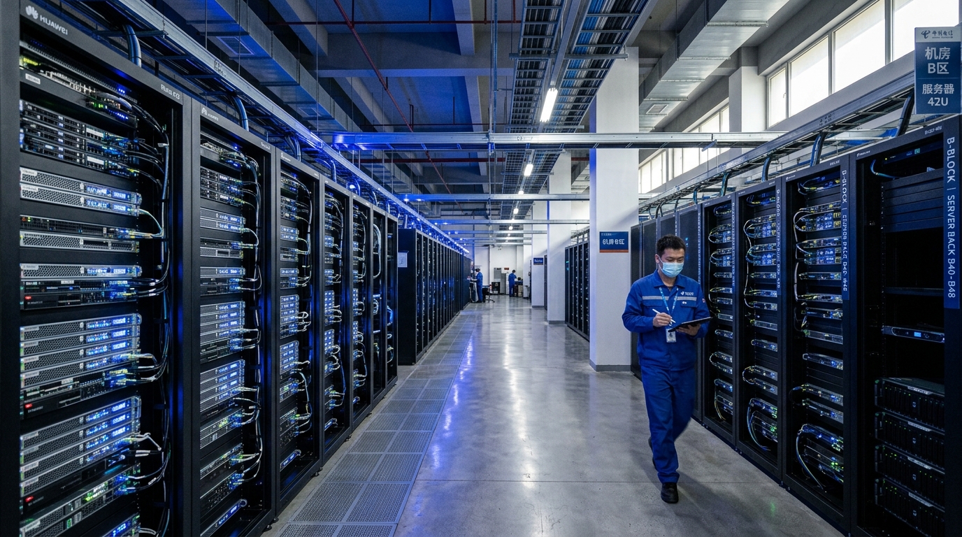 Centre de données en Chine avec des rangées de serveurs allumés