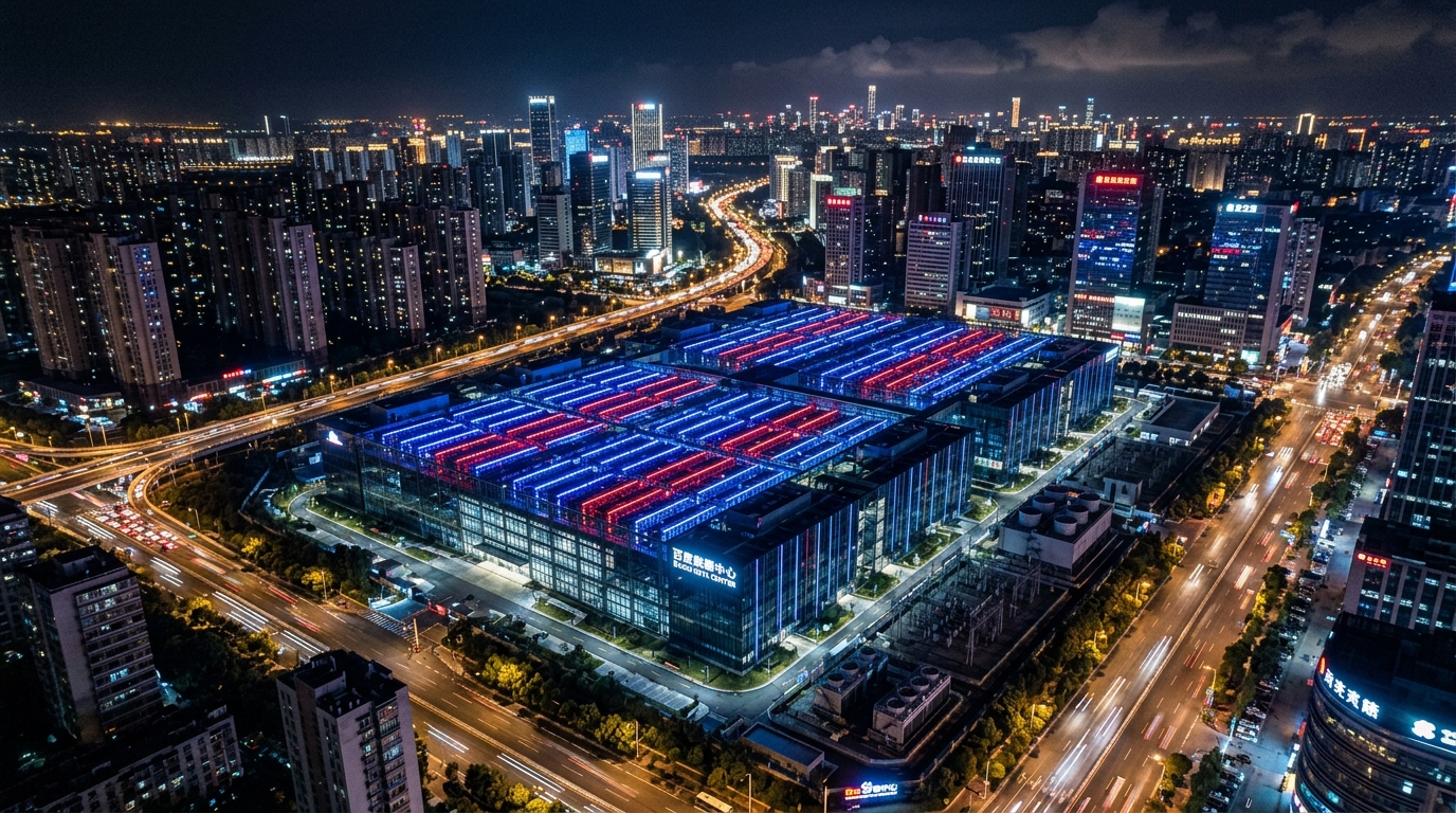 Centre de données IA en Chine de nuit, éclairage bleu et rouge