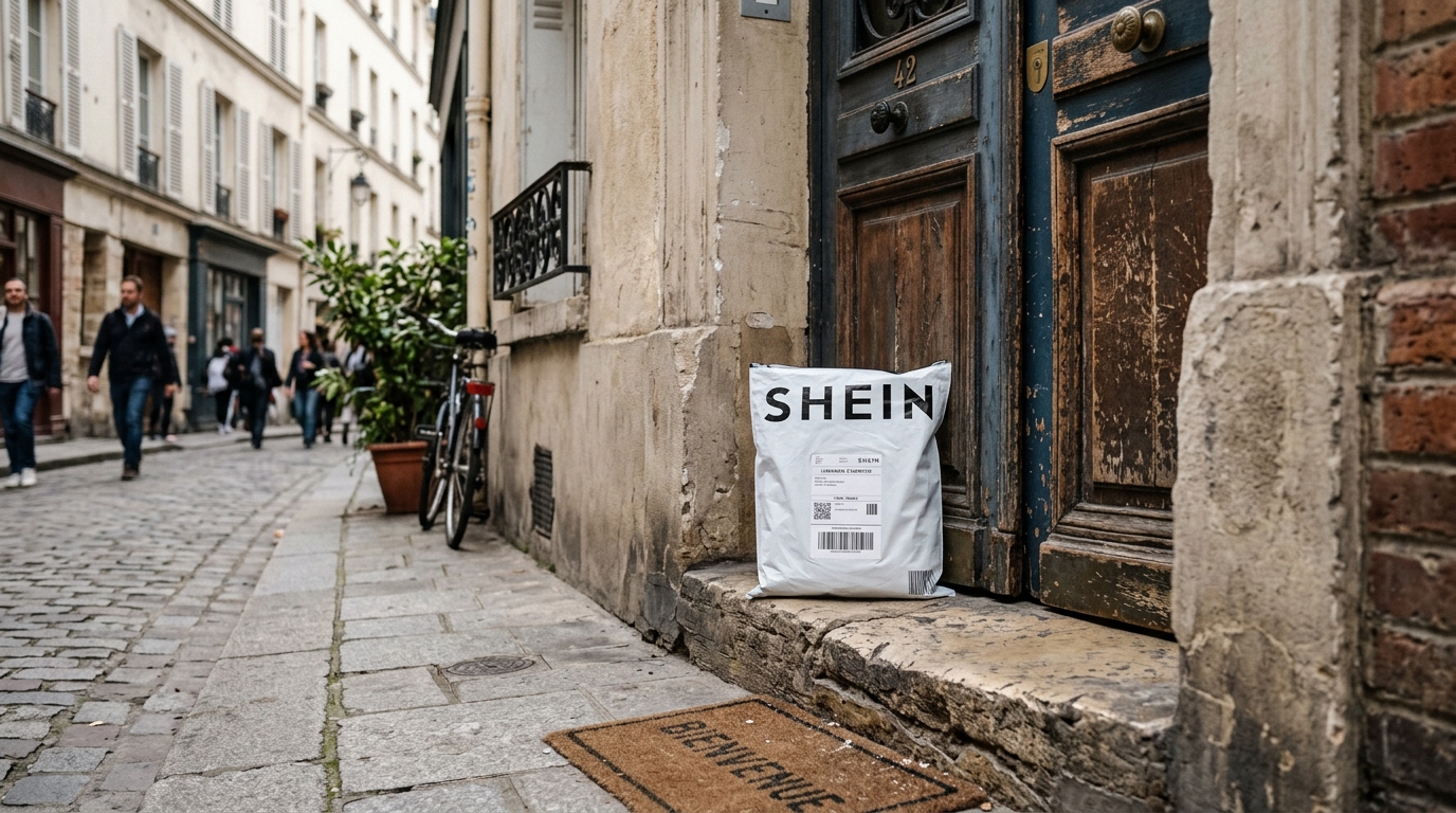 Colis Shein livré devant une porte en Europe