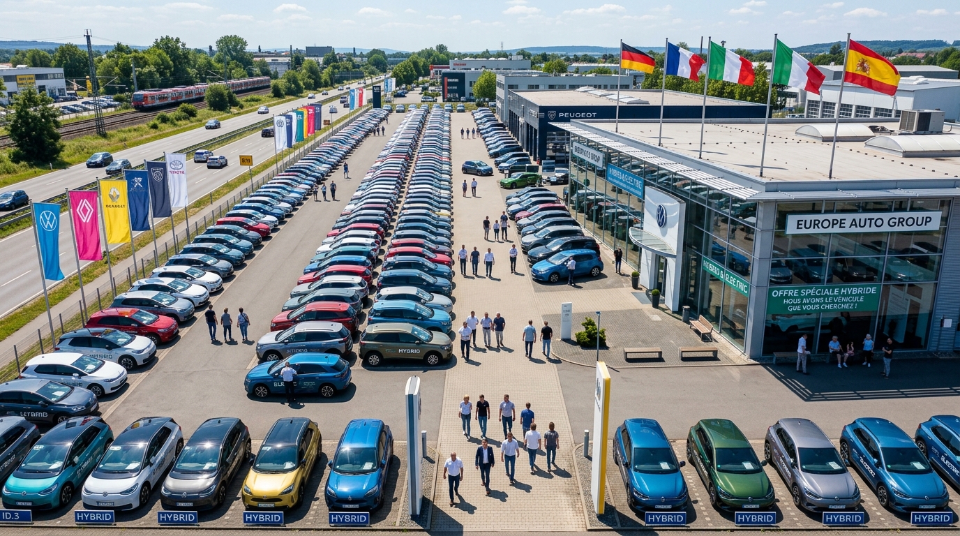 Concessionnaire automobile européen avec véhicules hybrides en exposition