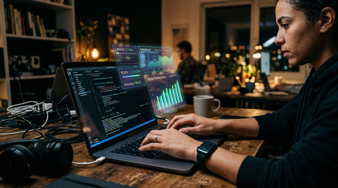 Développeur analysant des benchmarks de modèles d'IA sur ordinateur